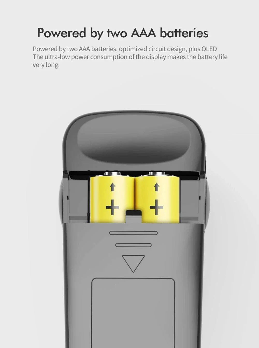 KIUZOU Finger Pulse Oximeter powered by two AAA batteries with optimized circuit and OLED display for long battery life