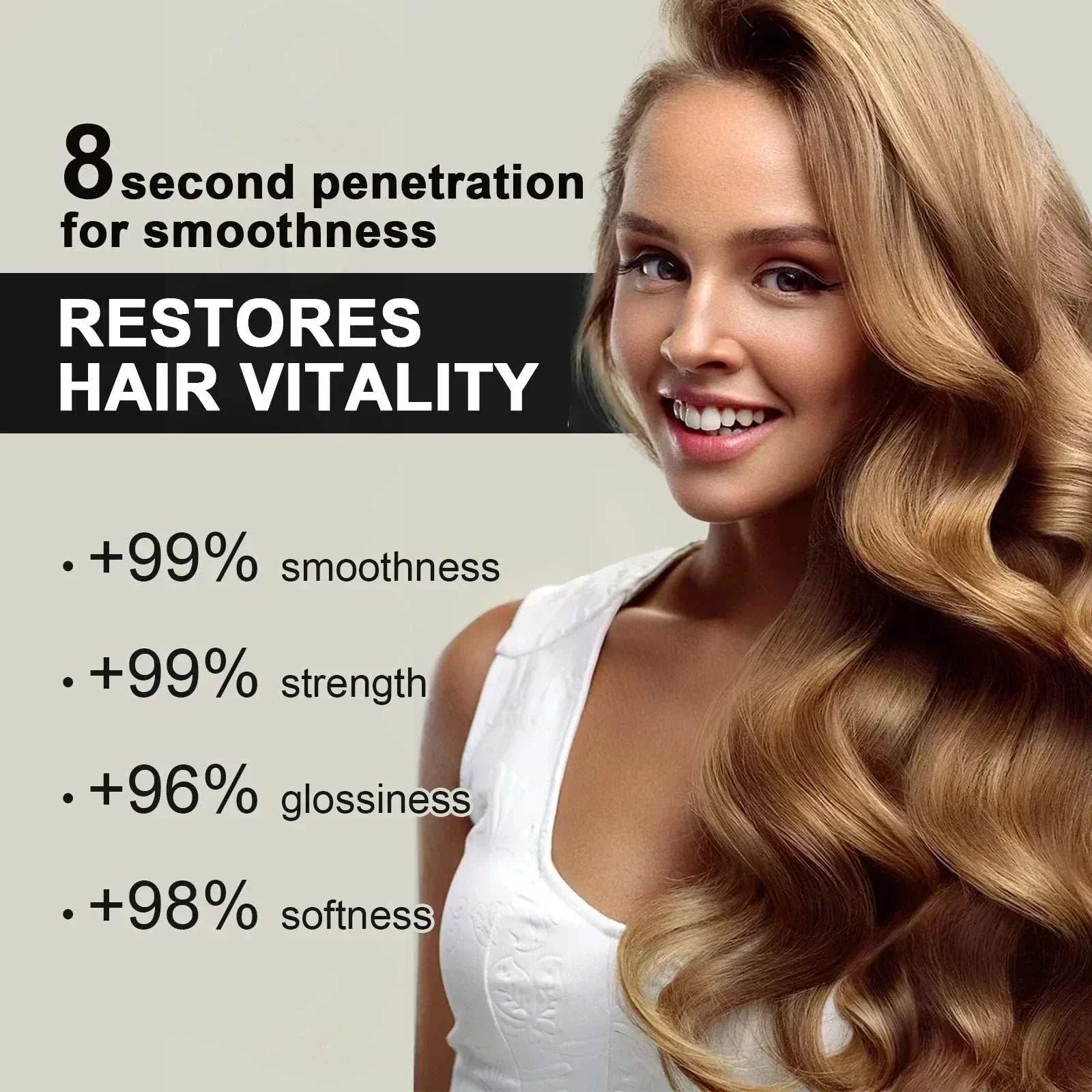 Smiling woman with shiny, smooth hair promoting Keratin Hair Care Cream with fast penetration and restored hair vitality statistics