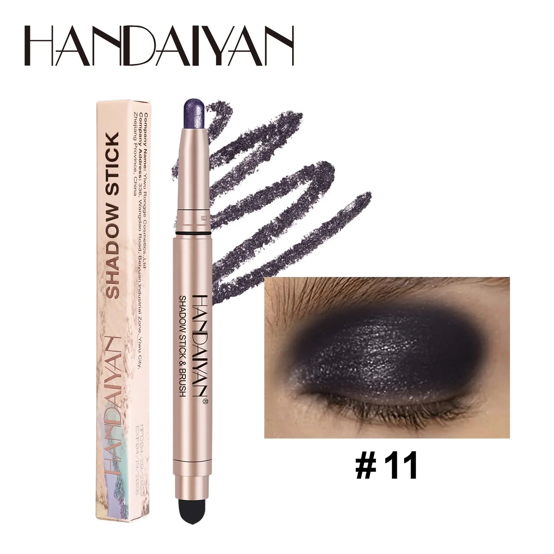 Handaiyan Highlighting Eye Shadow Stick with creamy shimmer in shade #11 applied on eyelid