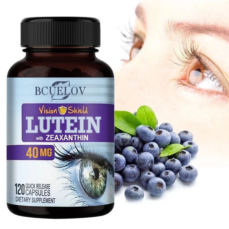 Bcuelov High Potency Lutein Capsules with Zeaxanthin 40mg for eye health and blue light protection with blueberries and close-up of eyes