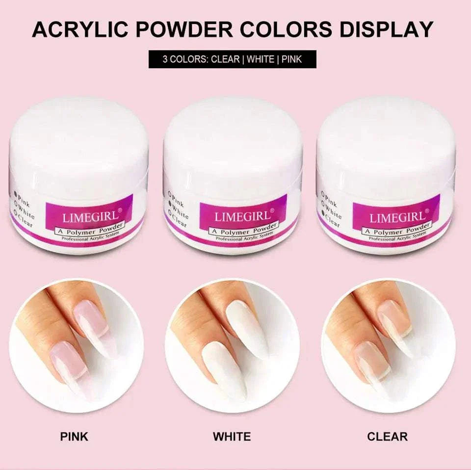 Nail Acrylic Powder & Liquid Monomer Kit showing three polymer powder jars in pink, white, and clear with example nail designs for each color on pink background.