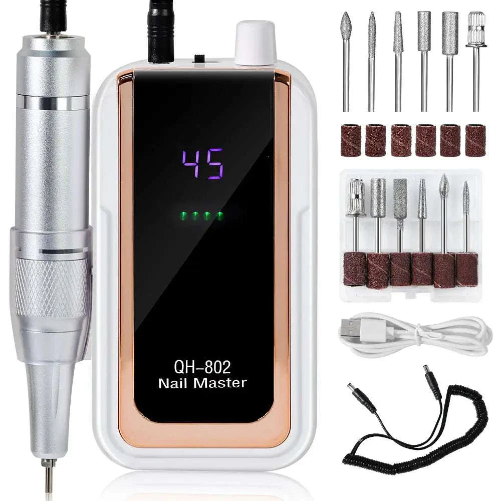 Rechargeable nail drill machine kit with high-speed handpiece, LED display, drill bits, sanding bands, and USB charging cable