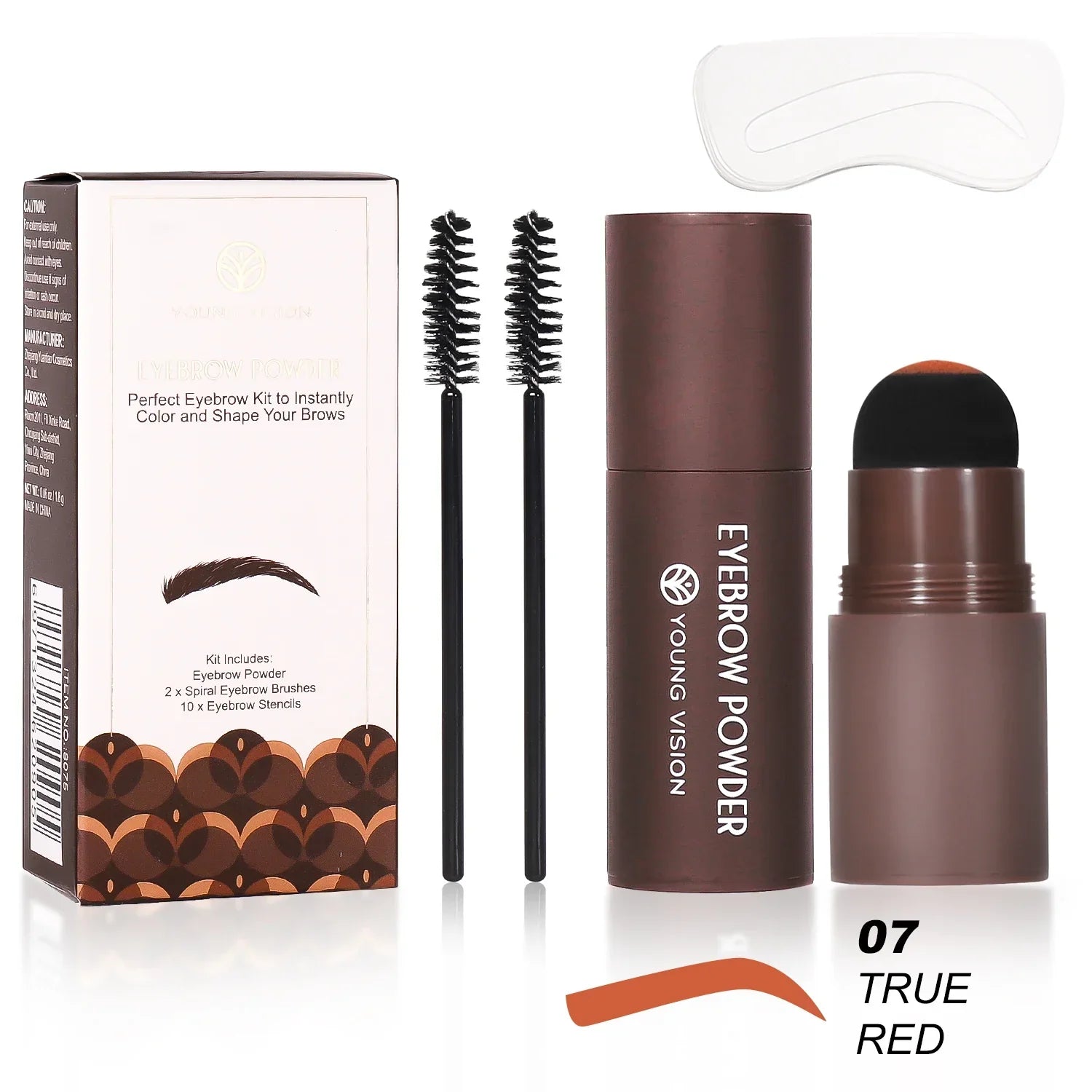 Eyebrow Stamp Stencil Kit with eyebrow powder, two spiral brushes, and reusable stencil for easy brow shaping in true red shade