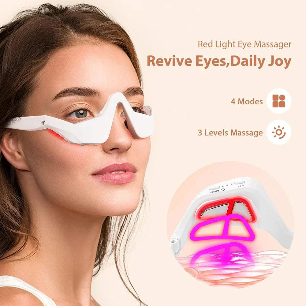 Woman using white 3D Eye Massager with red light therapy, featuring 4 modes and 3 massage levels for eye rejuvenation.