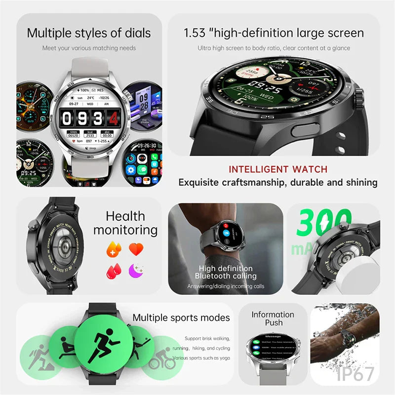HUAWEI GT5 Pro Smartwatch with high-definition 1.53-inch AMOLED display, health monitoring, Bluetooth calling, multiple sports modes, IP67 waterproof, and sleek design