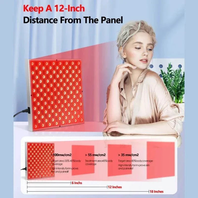 45W LED red light therapy panel with 225 LEDs for anti-aging, skin care, and body pain relief, shown with woman using it at 12-inch distance