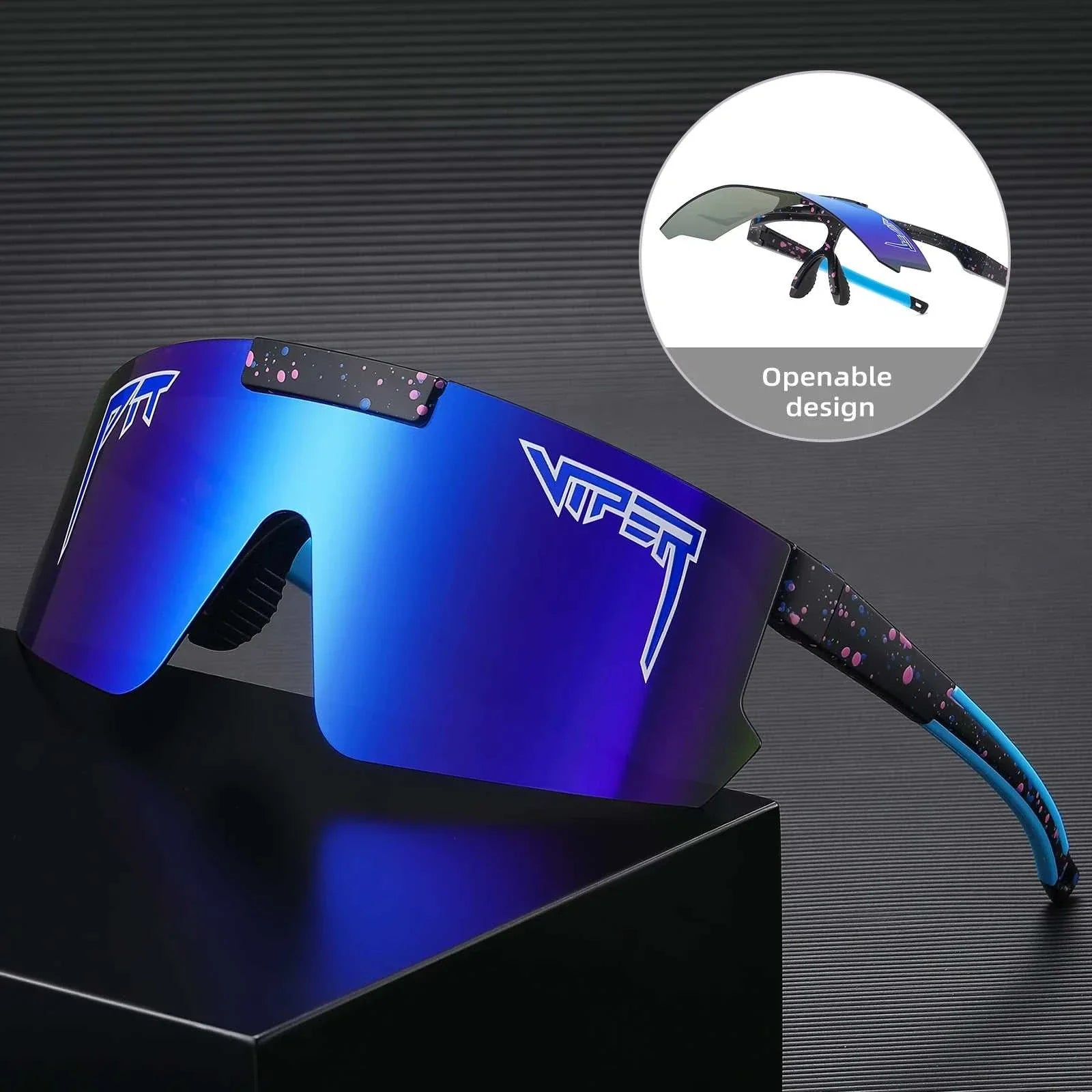 Flip Up/Down Outdoor Sport Pit Viper Cycling Sunglasses with blue mirrored lenses and openable flip-up design for UV400 protection and outdoor sports.