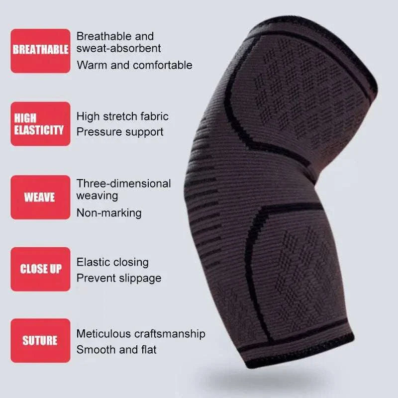 Black elastic elbow support sleeve with breathable, high elasticity fabric, three-dimensional weave, and elastic closing for secure fit and comfort