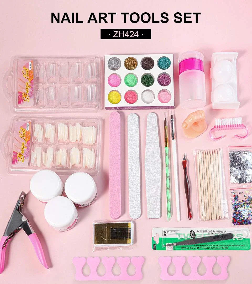 Nail Acrylic Powder and Liquid Monomer Kit with glitter powders, nail tips, filing tools, brushes, and accessories for 3D nail art and manicure designs