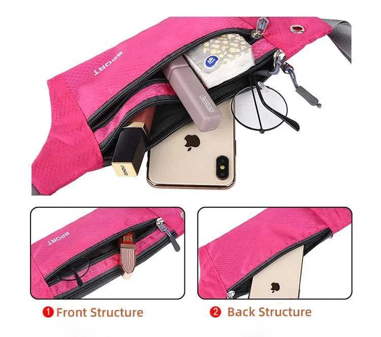 Pink nylon waist and chest bag with multiple zippered compartments holding phone, glasses, and small essentials, designed for versatile, hands-free wear during sports and travel.
