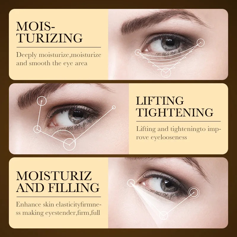 Close-up of eyes demonstrating moisturizing, lifting, tightening, and filling effects of 24K Gold Hyaluronic Acid eye cream for anti-aging and brightening treatment.