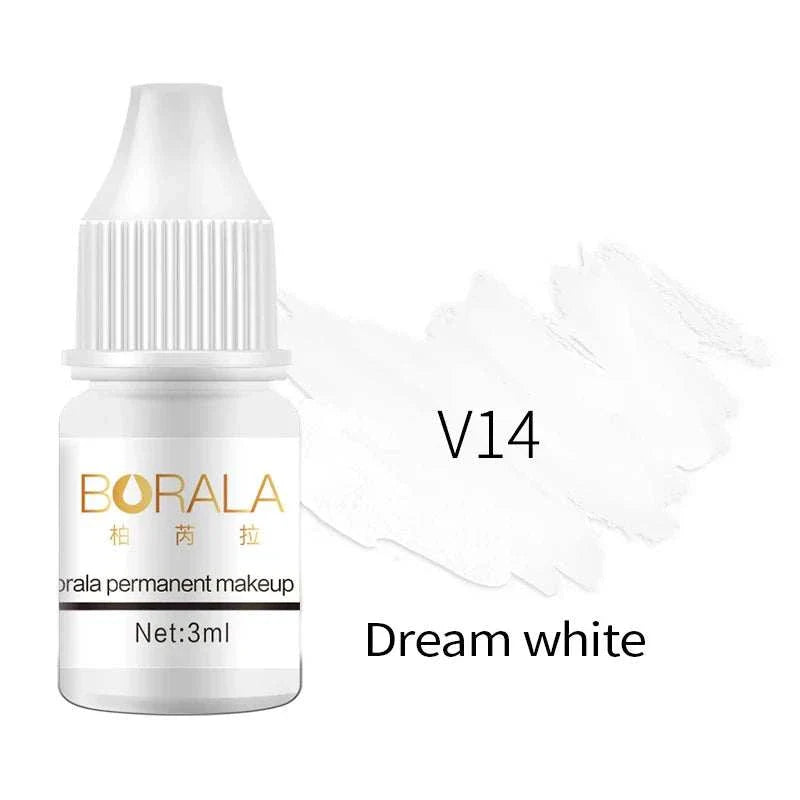 Borala 26 Colors Dream White V14 3ML permanent makeup tattoo pigment bottle for lips, eyebrows, and eyeliner.