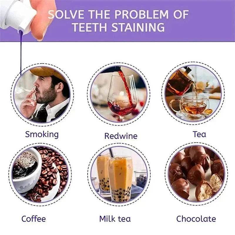 5D Teeth Whitening Stick addressing teeth staining from smoking, red wine, tea, coffee, milk tea, and chocolate with advanced oral care benefits