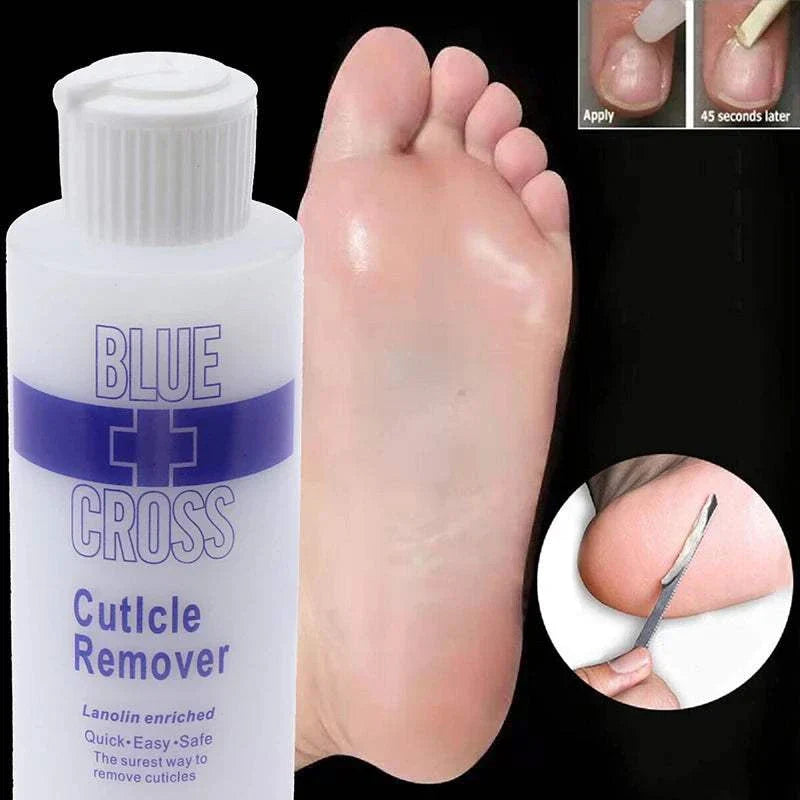 Blue Cross Foot Cuticle Remove bottle beside smooth foot with cuticle removal demonstration