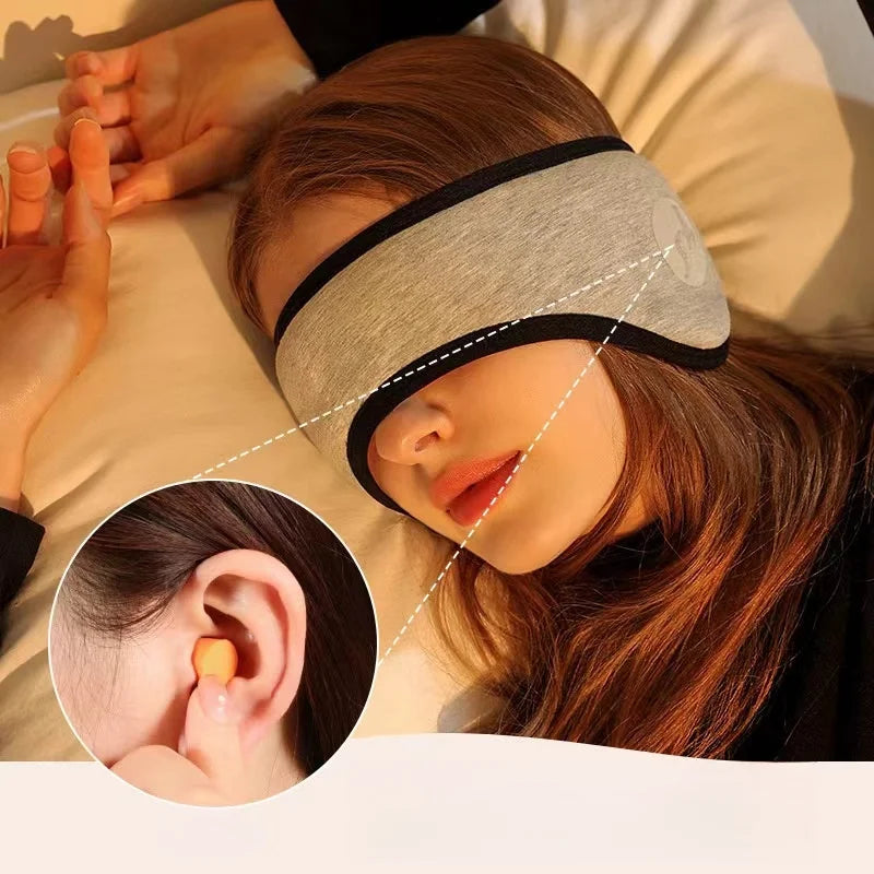Woman wearing adjustable eye mask and noise-reducing sleep earplugs for restful sleep
