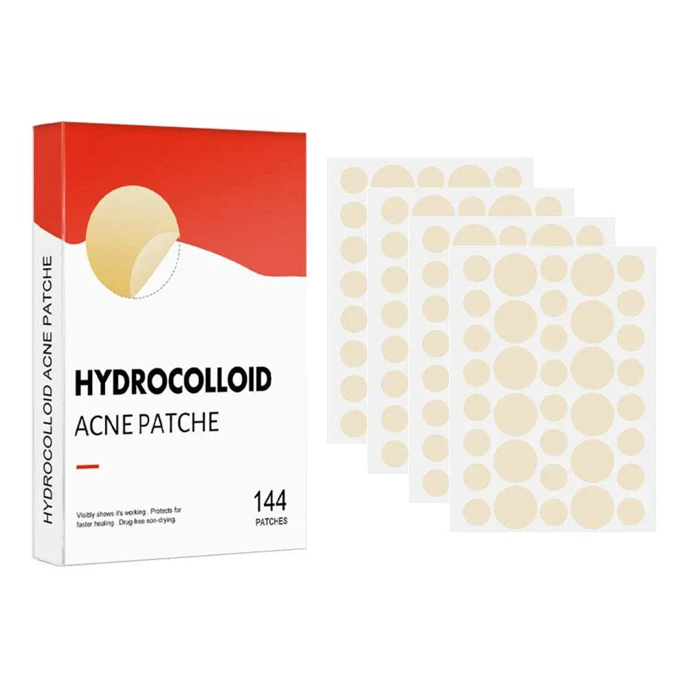 High-end hydrocolloid acne patches set with 144 ultra-thin healing spots in various sizes for professional skincare and breakout protection.