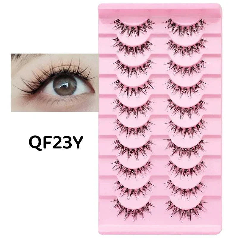 10 pairs of natural manga full strip lashes in pink tray with close-up eye showing fluttery anime-inspired look
