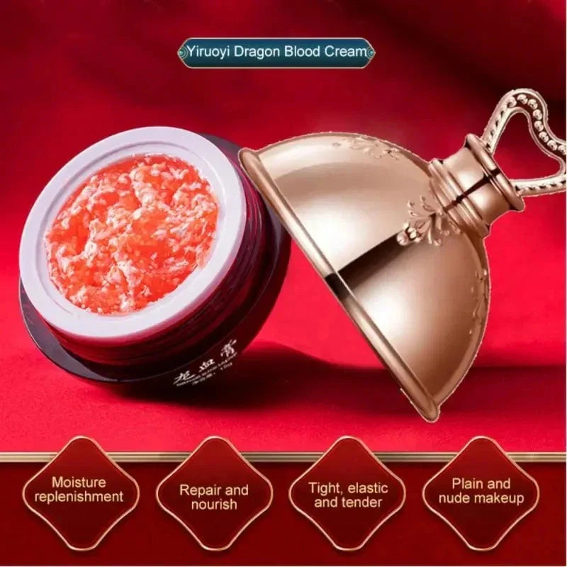Dragon’s Blood Face Cream jar with orange creamy texture and elegant gold lid on red background, moisturizing and firming skincare product.