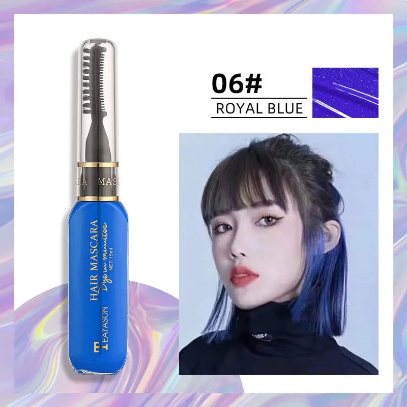 13 Colors One-Off Hair Color Mascara royal blue shade with applicator and model showing vibrant washable hair color streaks