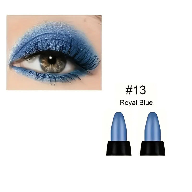 Eye makeup with pearlescent glitter eyeliner in royal blue shade from 16-color pearlescent glitter eyeliner set