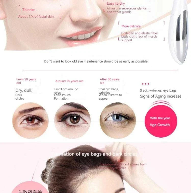 Home electric eye massage device for reducing puffiness, fine lines, dark circles, and revitalizing tired eyes.