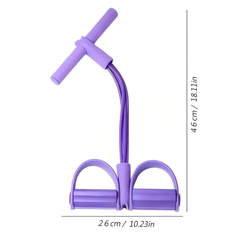 Purple four-tube pedal tensioner with ergonomic handles and foot pedals for elastic fitness workouts