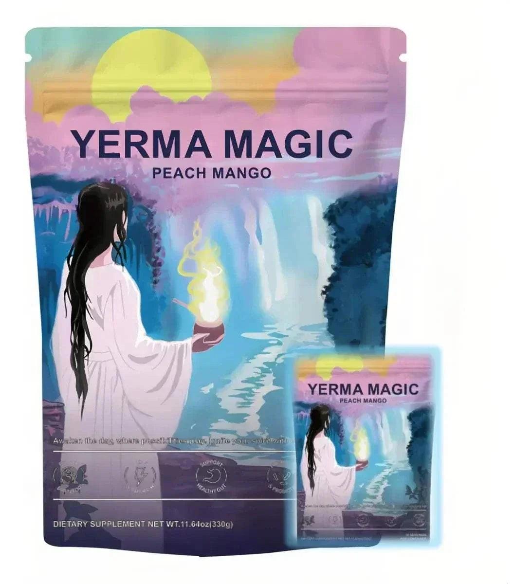 YERMA MAGIC Instant Yerba Mate Powder Peach Mango flavor dietary supplement with antioxidant-rich natural energy boost.