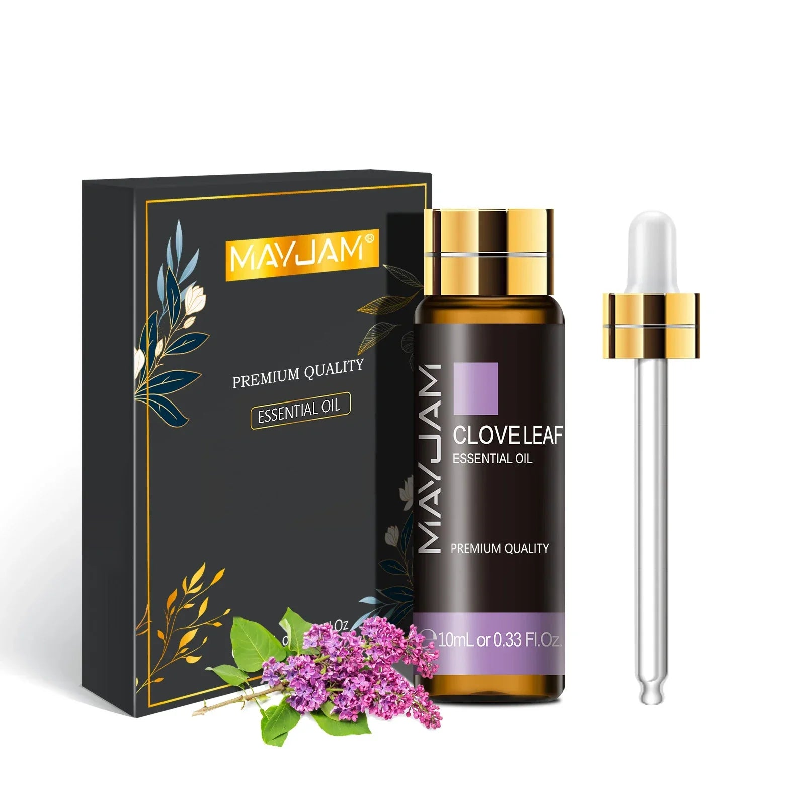 MAYJAM Essential Oil 10ml bottle with dropper and black premium packaging featuring clove leaf scent and lavender flowers