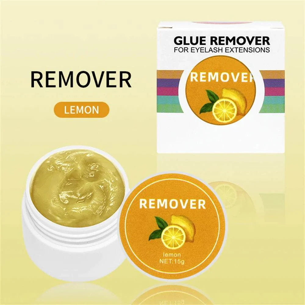Eyelash glue remover cream in a 15g jar with lemon scent for safe and gentle eyelash extension removal