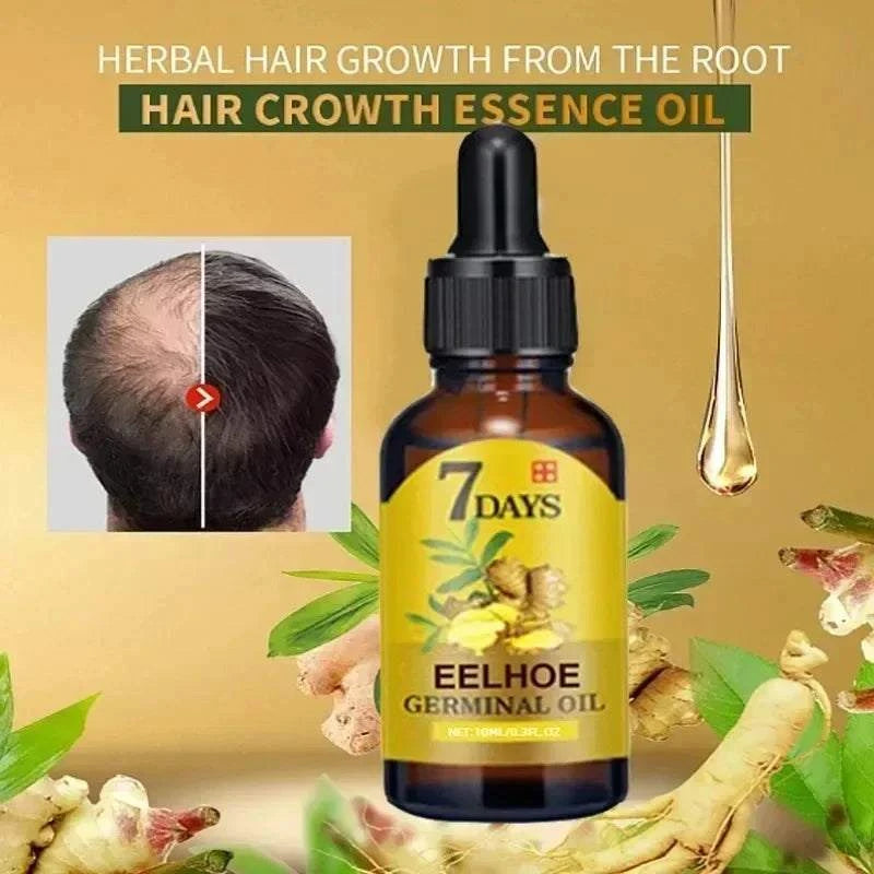 7 Day Rapid Growth ginger-infused hair growth serum bottle with before and after scalp improvement images and herbal ingredients background