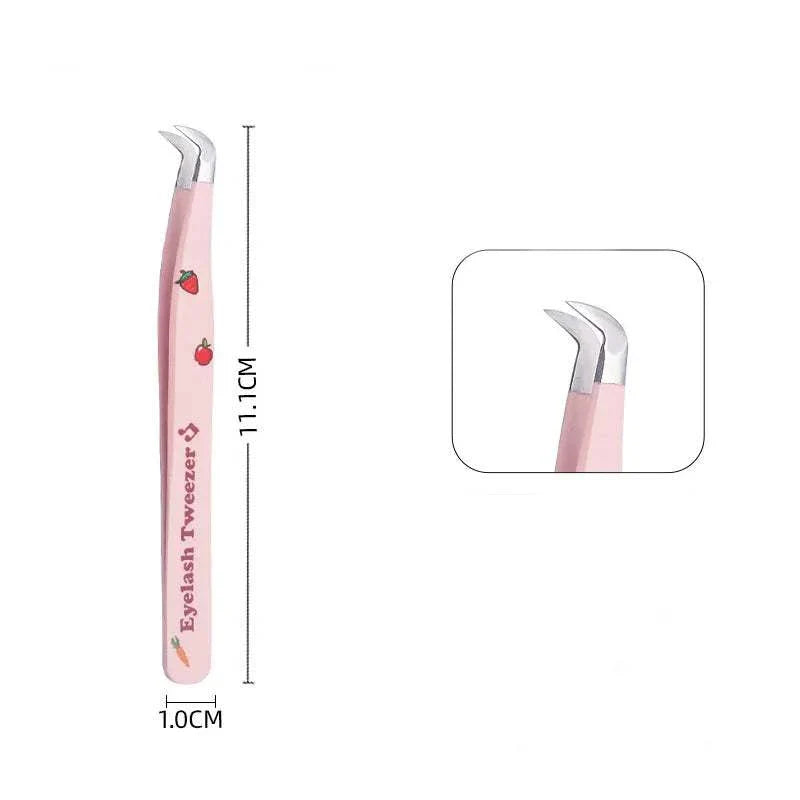 Pink false eyelash tweezers with curved precision tips for accurate lash application and removal.