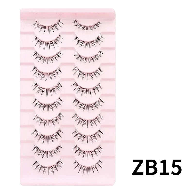 10 pairs of natural manga full strip lashes in pink tray, lightweight and reusable synthetic eyelashes for anime-inspired makeup looks