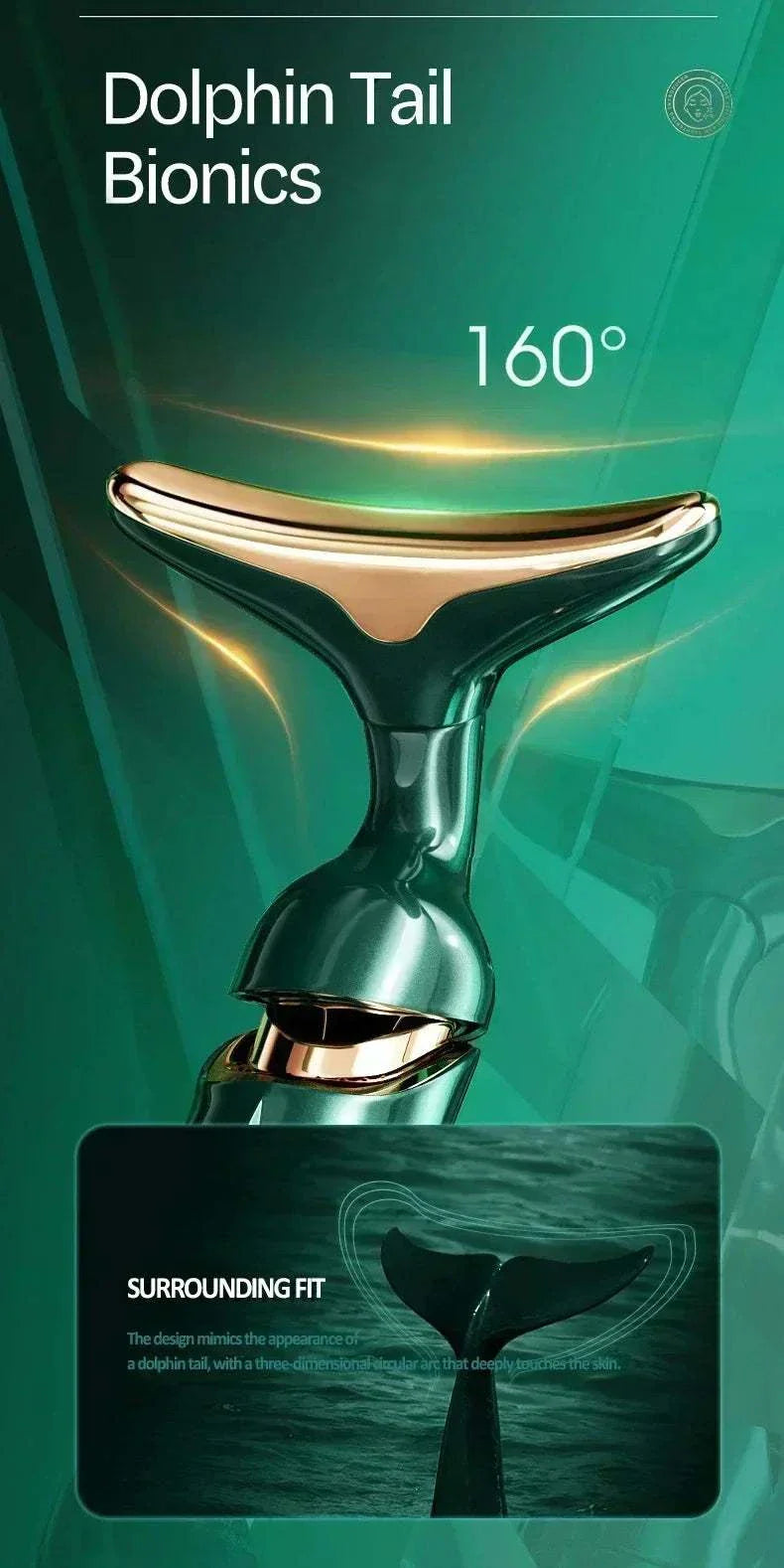 3-in-1 Facial Lifting Device with dolphin tail bionics design, 160° adjustable angle for neck, face, and eye massage, featuring EMS microcurrent technology and soothing massage modes.