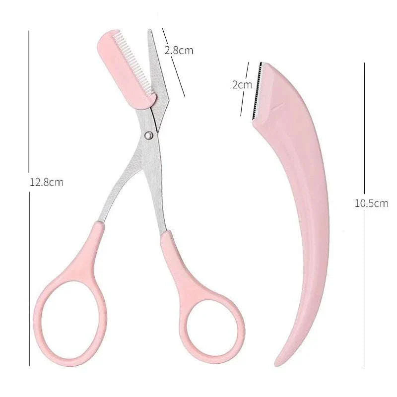 Karsyngirl Eyebrow Trimming Knife Set with precision razors and comb attachment, pink ergonomic handle scissors and trimming knife for grooming and facial hair removal.