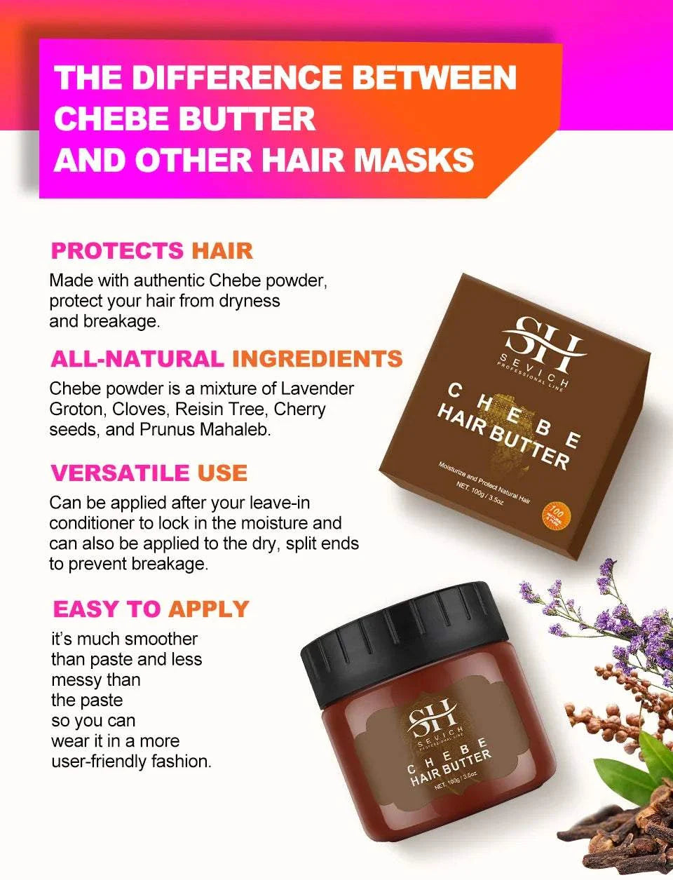 Jar of African Crazy Chebe Hair Oil with natural ingredients and usage benefits text infographic