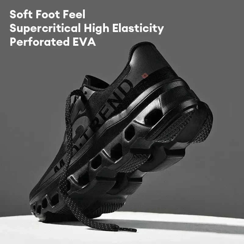 Black men's running shoe with lightweight perforated EVA sole and breathable design for comfort and durability