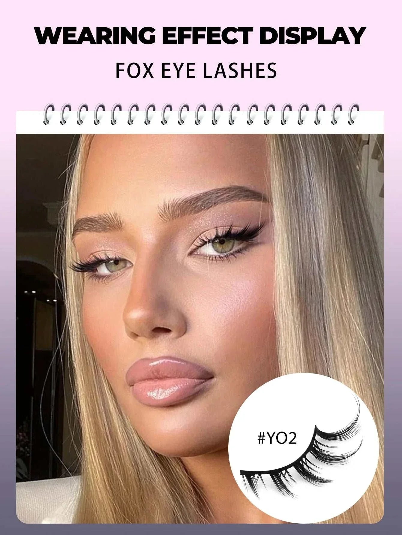 Close-up of a woman wearing GROINNEYA Cat Eye Lashes #Y02 showcasing natural, voluminous 3D faux mink fox eye lashes with tapered ends for a dramatic look