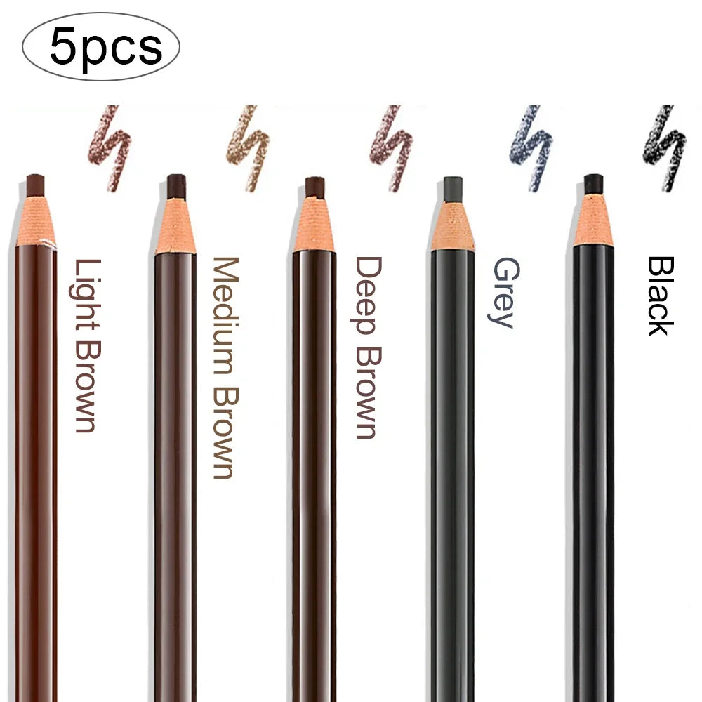 5pcs professional microblading eyebrow pencils set in light brown, medium brown, deep brown, grey, and black with waterproof, smudge-proof formula