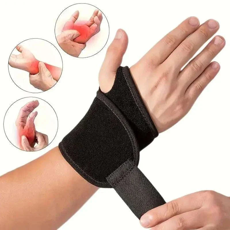 Adjustable wrist brace on hand providing support and compression for carpal tunnel relief and wrist pain