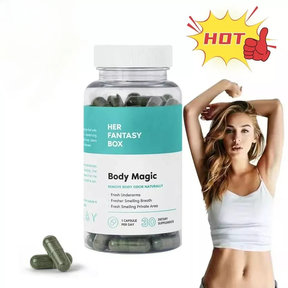 Chlorophyll Capsules bottle with green veggie capsules and fit woman promoting natural body odor removal and freshness.