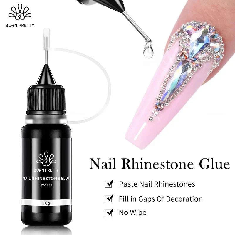 BORN PRETTY 10g gel nail glue for rhinestones with precision applicator, strong adhesive for nail art decoration, no wipe formula.