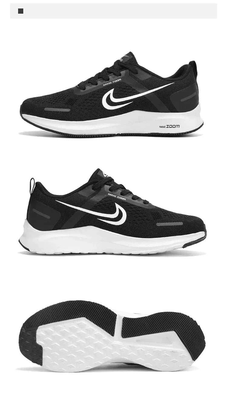 Black men's lightweight running shoes with breathable mesh, cushioned insoles, non-slip white rubber soles, and sleek athletic design.