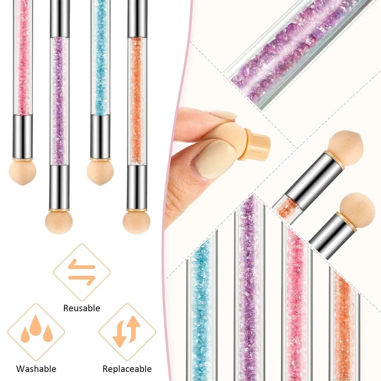 Double-headed sponge nail art brushes with colorful glitter handles, featuring soft sponge tips for gradient effects, reusable and washable design.