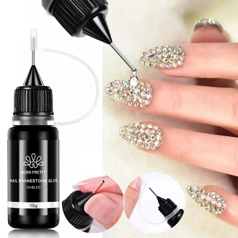 BORN PRETTY 10g Gel Nail Glue with precision applicator for rhinestones and crystals, showing adhesive being applied to decorated nails with sparkling gems.