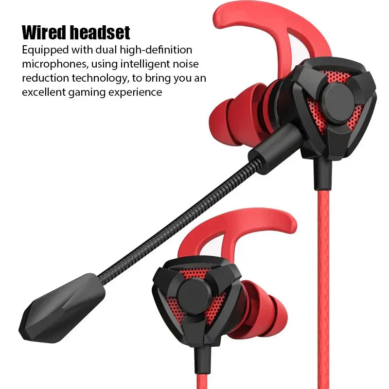 Wired headset gamer earphones with dual microphones and noise reduction for immersive gaming audio and clear communication