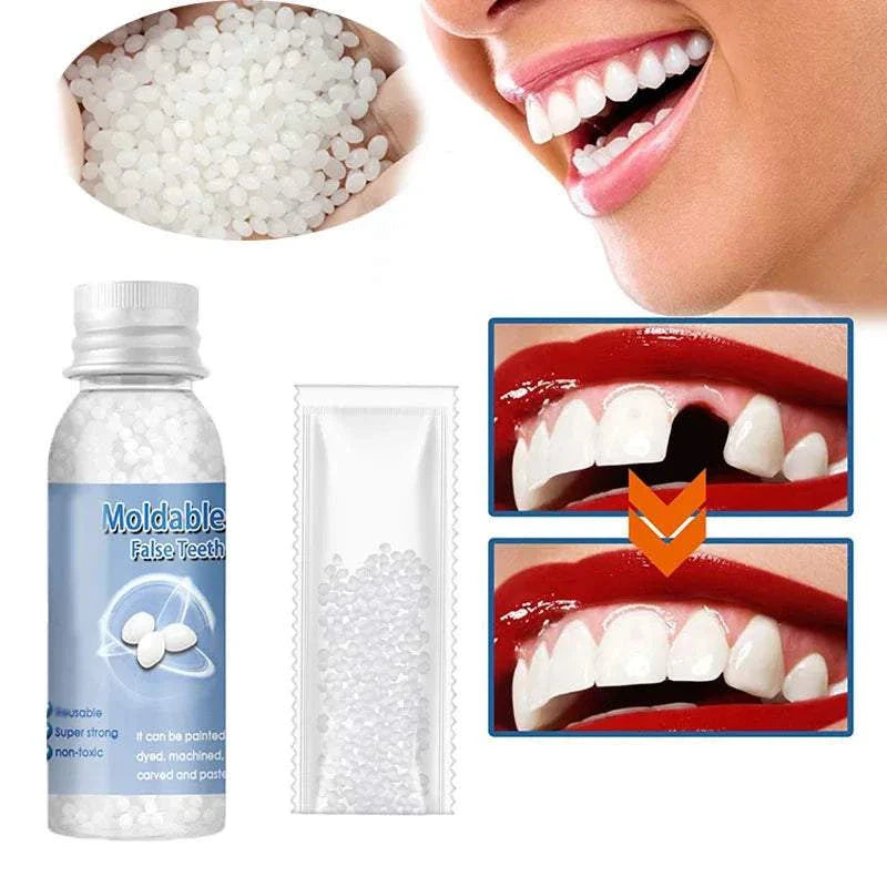 Resin Tooth Repair Glue moldable beads with before and after chipped tooth repair demonstration and smiling woman showing restored teeth