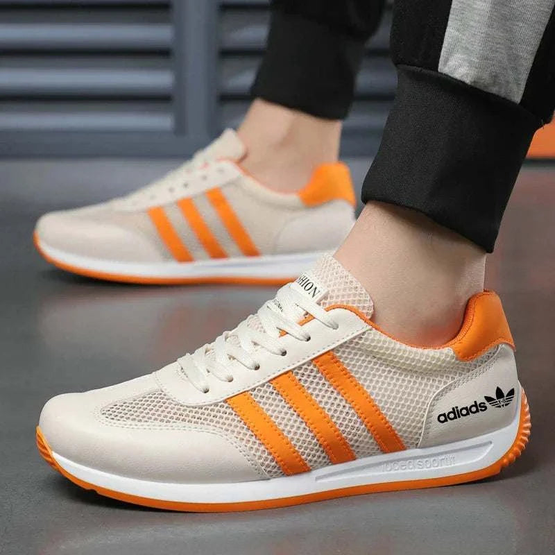 Men's casual sport shoes breathable lightweight sneakers with orange stripes and mesh upper