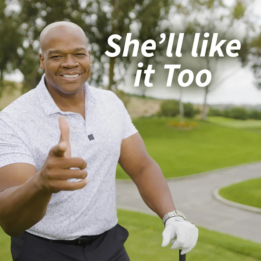 Smiling man in golf attire giving thumbs up promoting B Vitamin Supplement with trace minerals and fenugreek extract