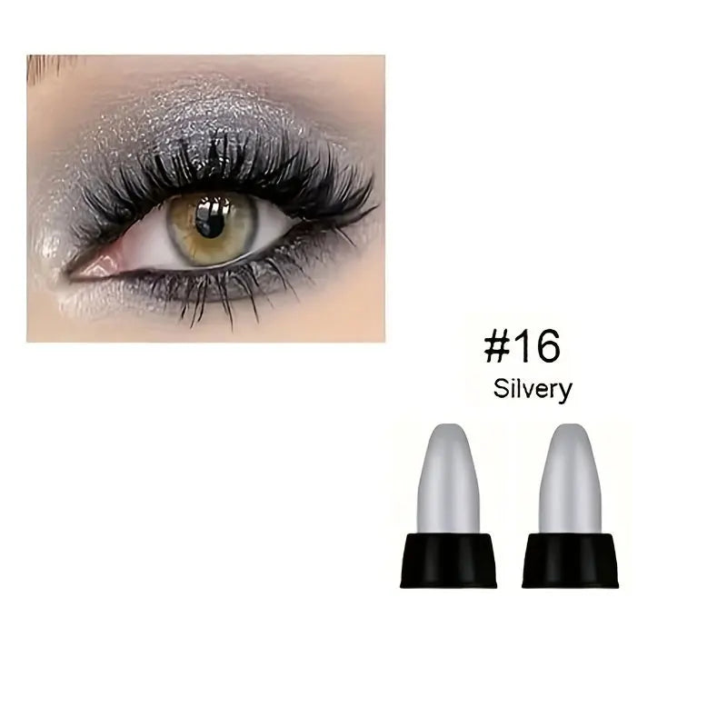 Close-up of eye makeup with silvery pearlescent glitter eyeliner from 16-Color Pearlescent Glitter Eyeliner Set showing shimmery smokey look and eyeliner tips labeled #16 Silvery