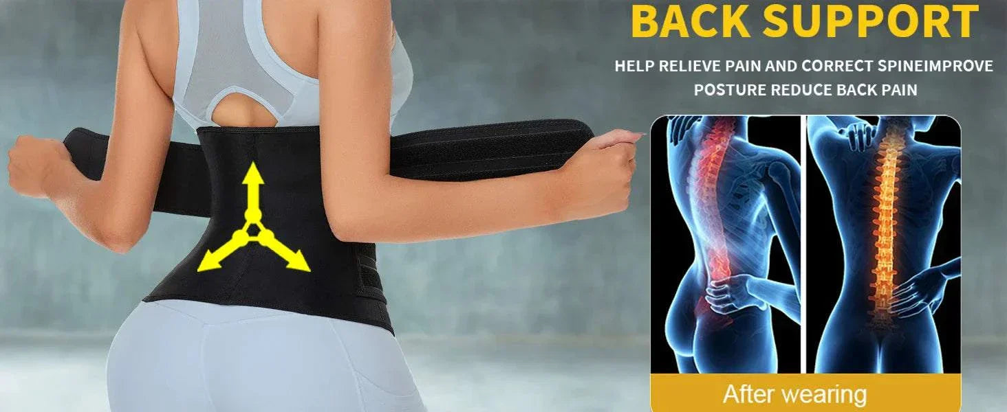 woman adjusting breathable neoprene waist trainer belt for back support and posture correction